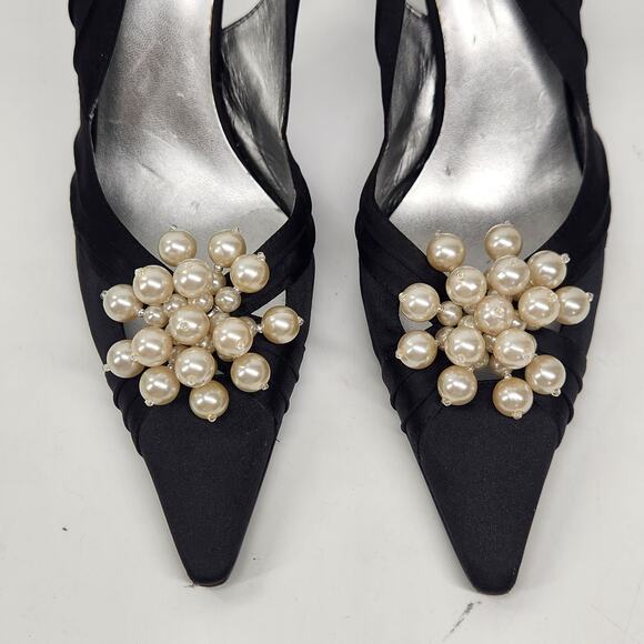 Enzo Angiolini Satin Sling Back Pointed Toe Pearl Pump Heels Womens 8.5M Black - Picture 5 of 10